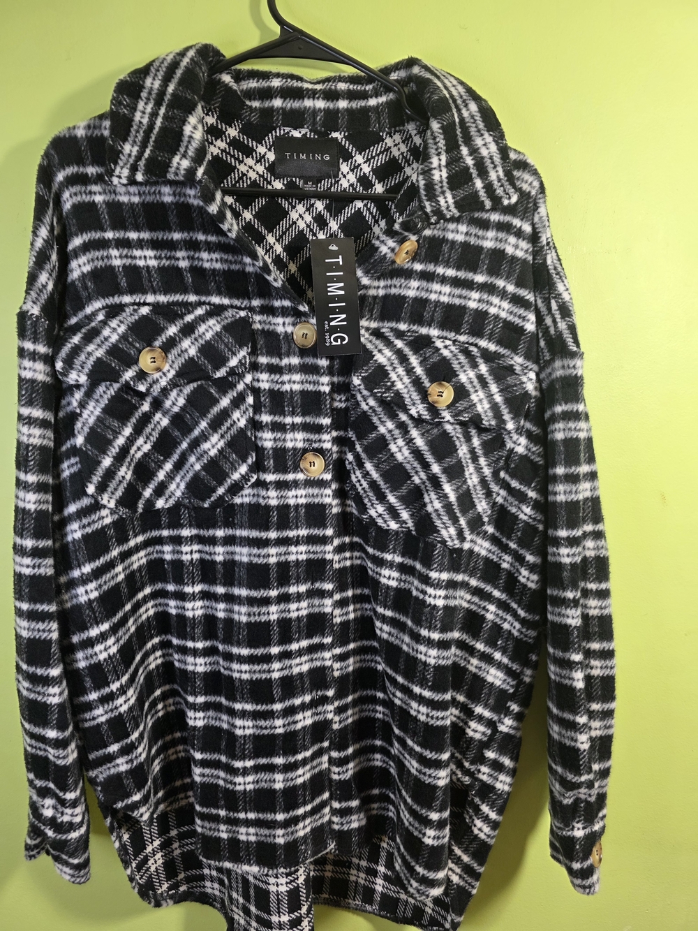 Timing Black & White Plaid Button-Up Shacket Size M